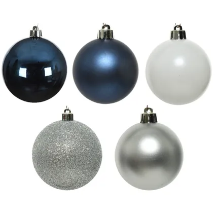 Decoris kerstballen - 30x -donkerblauw/wit/zilver 6cm -kunststof 2