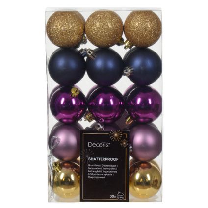 Decoris kerstballen -30x - goud/blauw/paars - 6 cm - kunststof