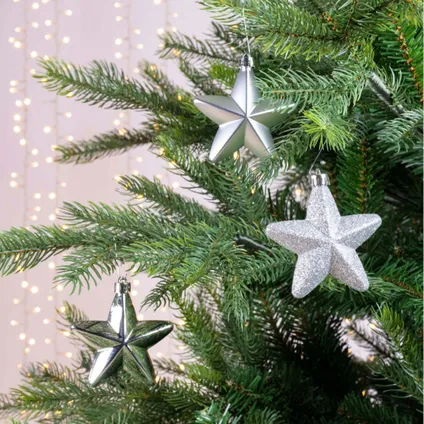 6x Zilveren sterren kerstballen 7 cm kunststof glans/mat/glitter 4