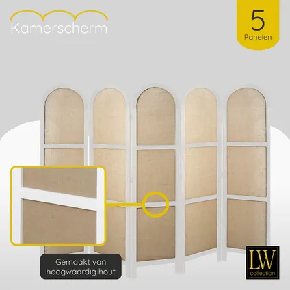 LW Collection Paravent 5 panneaux bois blanc 170X200CM - paravent rond - cloison de séparation 5