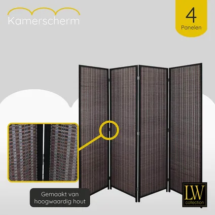 LW Collection Kamerscherm 4 panelen hout Bamboe donkerbruin 170x160cm 5