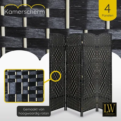 LW Collection Kamerscherm 4 panelen rotan zwart 170x160cm 5