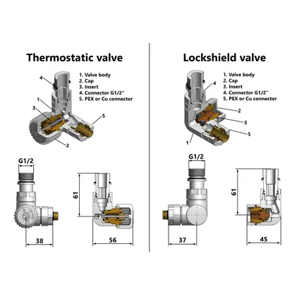 Vario Term Linkse koperen aansluitingen thermostatisch + haakse kleppenset dubbelpijps radiator 2