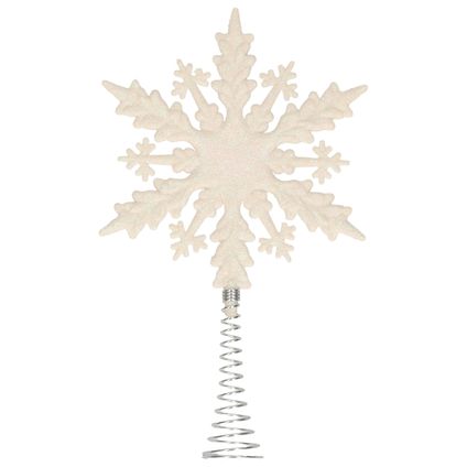 Kerstboom piek - platte sneeuwvlok - kunststof - wit glitter - 20 cm