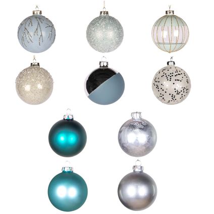Set de boules de Noël en verre - Set de 24 pièces – Incl. crochets - Fragile - Bleu - ⌀8 cm