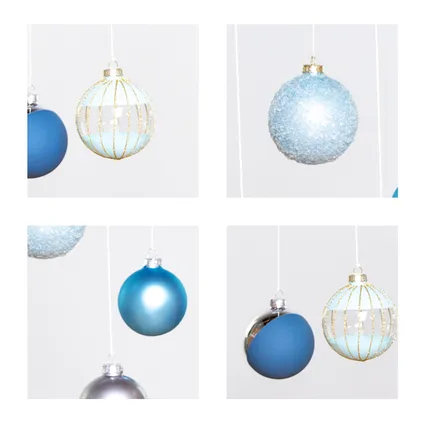 Set de boules de Noël en verre - Set de 24 pièces – Incl. crochets - Fragile - Bleu - ⌀8 cm 2