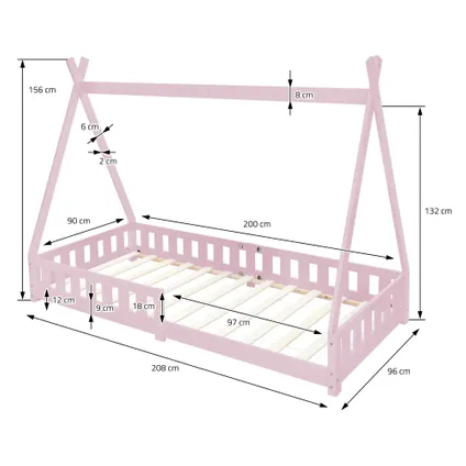 Lit d'enfants ML-Design Tipi rose antichute lit en bois de pin 200x90 cm 5