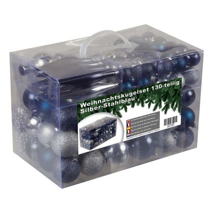 Kunststof Kerstballen set 130 ballen, piek en snoer Zilver/Staalblauw