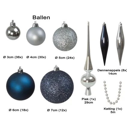 Kunststof Kerstballen set 130 ballen, piek en snoer Zilver/Staalblauw 2