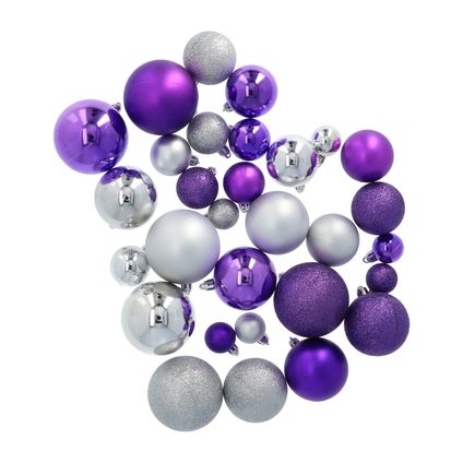 Ensemble de boules de Noël 4seasonz, 130 boules, pic et guirlande, violet/argenté
