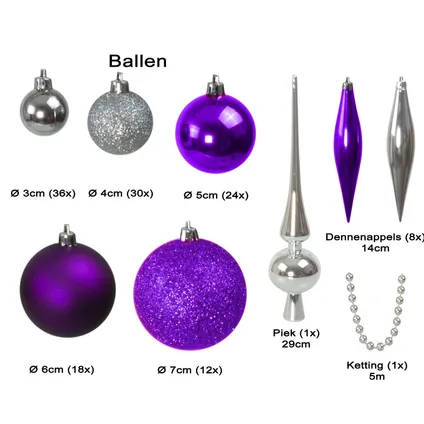 Ensemble de boules de Noël 4seasonz, 130 boules, pic et guirlande, violet/argenté 3