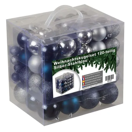Set de boules de Noël en plastique 120 boules - intérieur/extérieur - Argent/Bleu Acier 2
