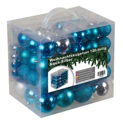 Jeu de boules de Noël en plastique 120 boules - intérieur extérieur - Bleu/Argent