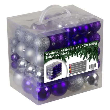 Jeu de boules de Noël en plastique 120 boules - intérieur extérieur - Argent/Violet 2