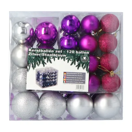 Jeu de boules de Noël en plastique 120 boules - intérieur extérieur - Argent/Violet 6