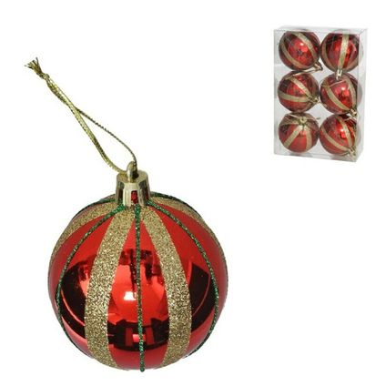 Gedecoreerde kunststof kerstballen - 6x st - 6cm - rood/goud