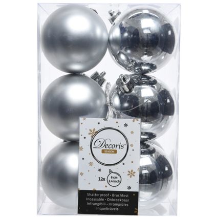 Decoris Kerstballen - 12 stuks - zilverkleurig - kunststof - 6 cm