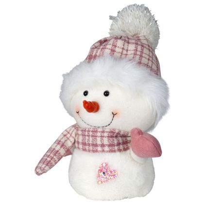 Pluche decoratie sneeuwpop - 27 cm - roze - pop - met sjaal en muts