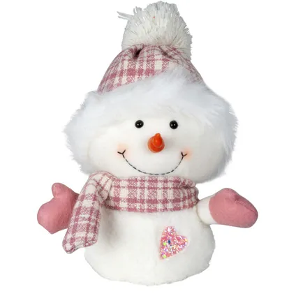 Pluche decoratie sneeuwpop - 27 cm - roze - pop - met sjaal en muts 2