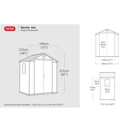 Keter Darwin 64 Tuinhuis - dubbele deuren + ramen - 190x122x221 cm - Grijs 3