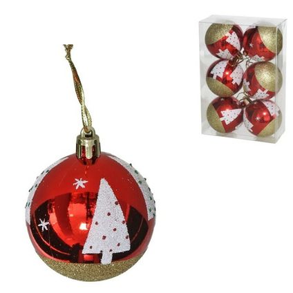 Gedecoreerde kunststof kerstballen - 6x st - 6cm - rood met kerstboom
