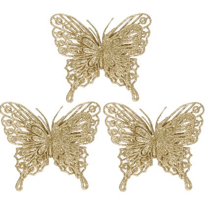Cosy & Trendy Kersthangers op clip - 3ST - vlinders - goud - 11 cm