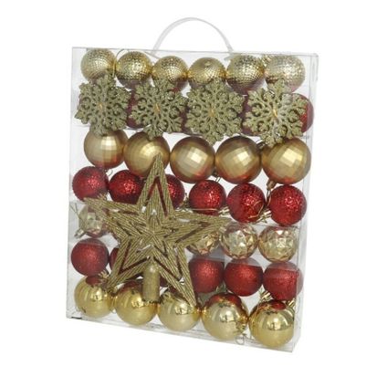 Gerimport Kerstballen - met ster piek - 57 ST - rood/goud - kunststof