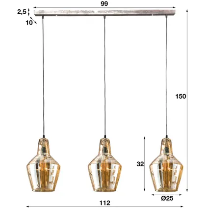 Hoyz - Hanglamp met 3 kegelvormige lampen - Amberkleurig glas - 150cm 5
