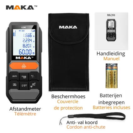 MAKA Digitale laser afstandmeter - 60 m - Aanpasbare meetreferentie - Geheugenfunctie 6