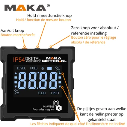 MAKA Digitale Hellingmeter - Hoekmeter - Magnetisch - Incl. Batterijen 6