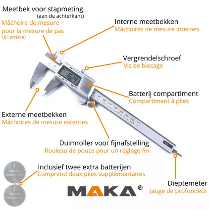 MAKA Digitale Schuifmaat - 150mm - RVS - Extra batterijen - Opbergcase 5