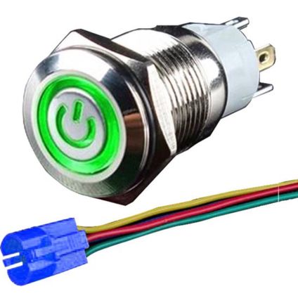 Interrupteur à pression en métal Orbit Electronic - indicateur LED + câble - 22mm - 12V/24V - Vert