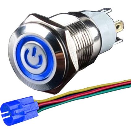 Interrupteur à pression en métal Orbit Electronic - indicateur LED + câble - 16mm - 12V/24V - Bleu