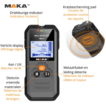 Détecteur de conduites numérique MAKA - Détection du cuivre, du métal et du bois jusqu'à 120 mm 2