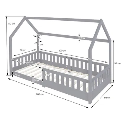 Lit pour enfants gris clair en bois avec toit et protection antichute 200x90 cm 6
