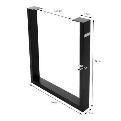Jeu ML-Design 2x Pieds de Table en Forme de U 70x74 cm, Noir, Profil 8x4 cm, Métal 7