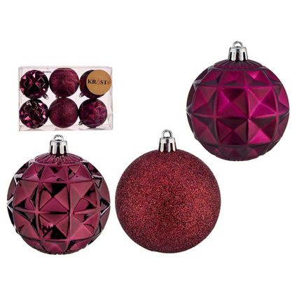 Krist+ luxe kerstballen - 6x stuks - bordeaux rood - kunststof-7 cm