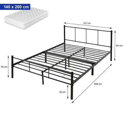 Cadre de lit noir métal 140x200cm sommier à lattes à barreaux chambre à coucher 6