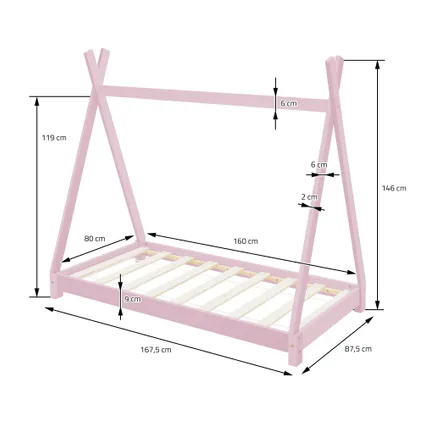 ML-Design kinderbed tipi 80 x 160 cm met lattenbodem, roze, indianenbed van massief hout 6