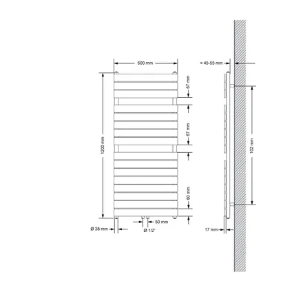 Design ikke-elektrisk dampradiator - 600x1200 mm - Hvit - Sentraltilkobling - ECD Germany 6