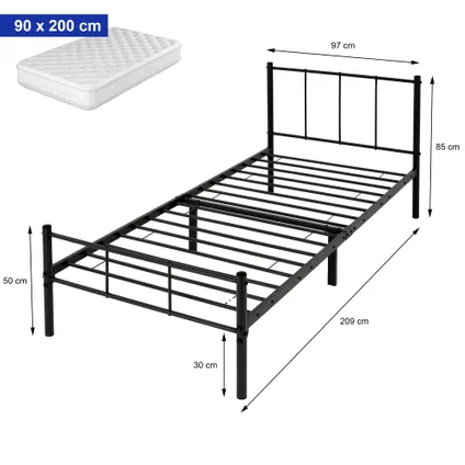 Cadre de lit noir métal 90x200 cm sommier à lattes à barreaux chambre à coucher 6
