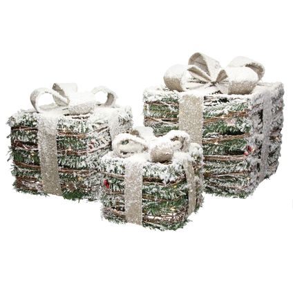 Set de 3 boîtes cadeaux LED en rotin avec minuterie décoration de Noël neigeux