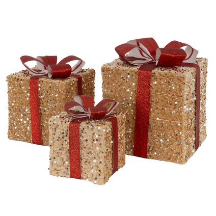 Set 3 boîtes cadeaux de Noël avec LED décoration illuminée marron/rouge minuteur