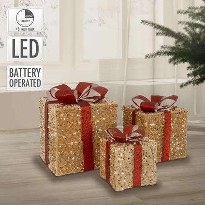ECD Germany Set van 3 LED geschenkdozen kerst met strikken, licht bruin rood, warm wit 2