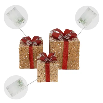 Set 3 boîtes cadeaux de Noël avec LED décoration illuminée marron/rouge minuteur 4