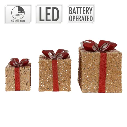 Set 3 boîtes cadeaux de Noël avec LED décoration illuminée marron/rouge minuteur 5