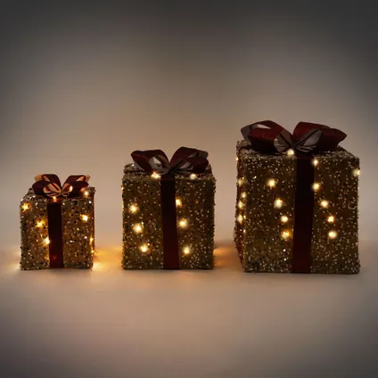 ECD Germany Set van 3 LED geschenkdozen kerst met strikken, licht bruin rood, warm wit 6