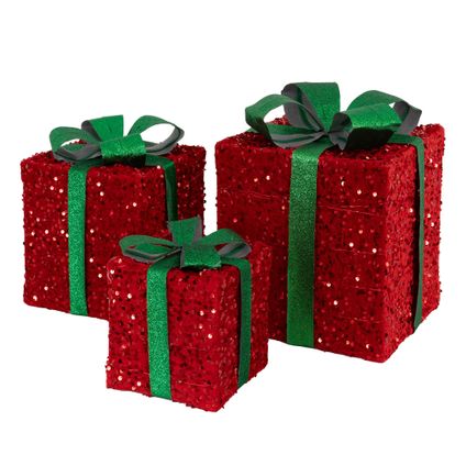 Set 3 boîtes cadeaux de Noël avec LED décoration illuminée vert/rouge minuteur