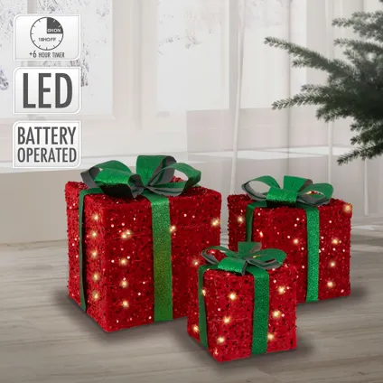 ECD Germany Set van 3 LED geschenkdozen Kerstmis met strikken, rood-groen, warm wit 2