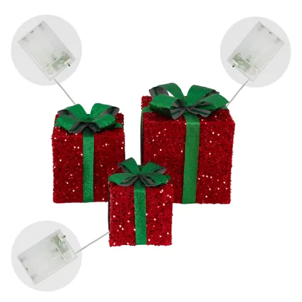 ECD Germany Set van 3 LED geschenkdozen Kerstmis met strikken, rood-groen, warm wit 4